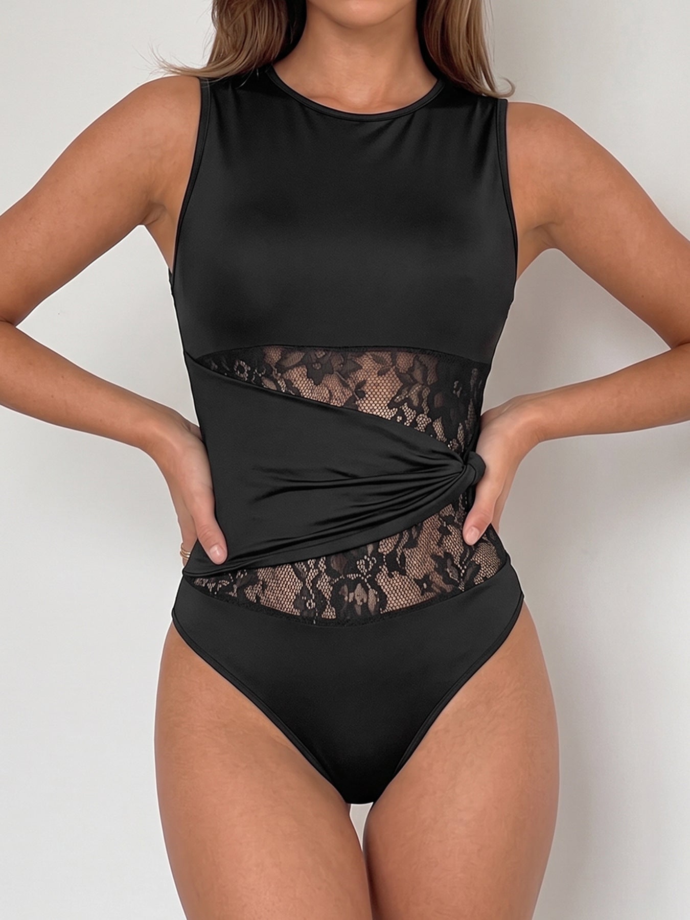 Women's Black Lace Panel Sleeveless Bodysuit Top
