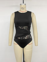 Women's Black Lace Panel Sleeveless Bodysuit Top