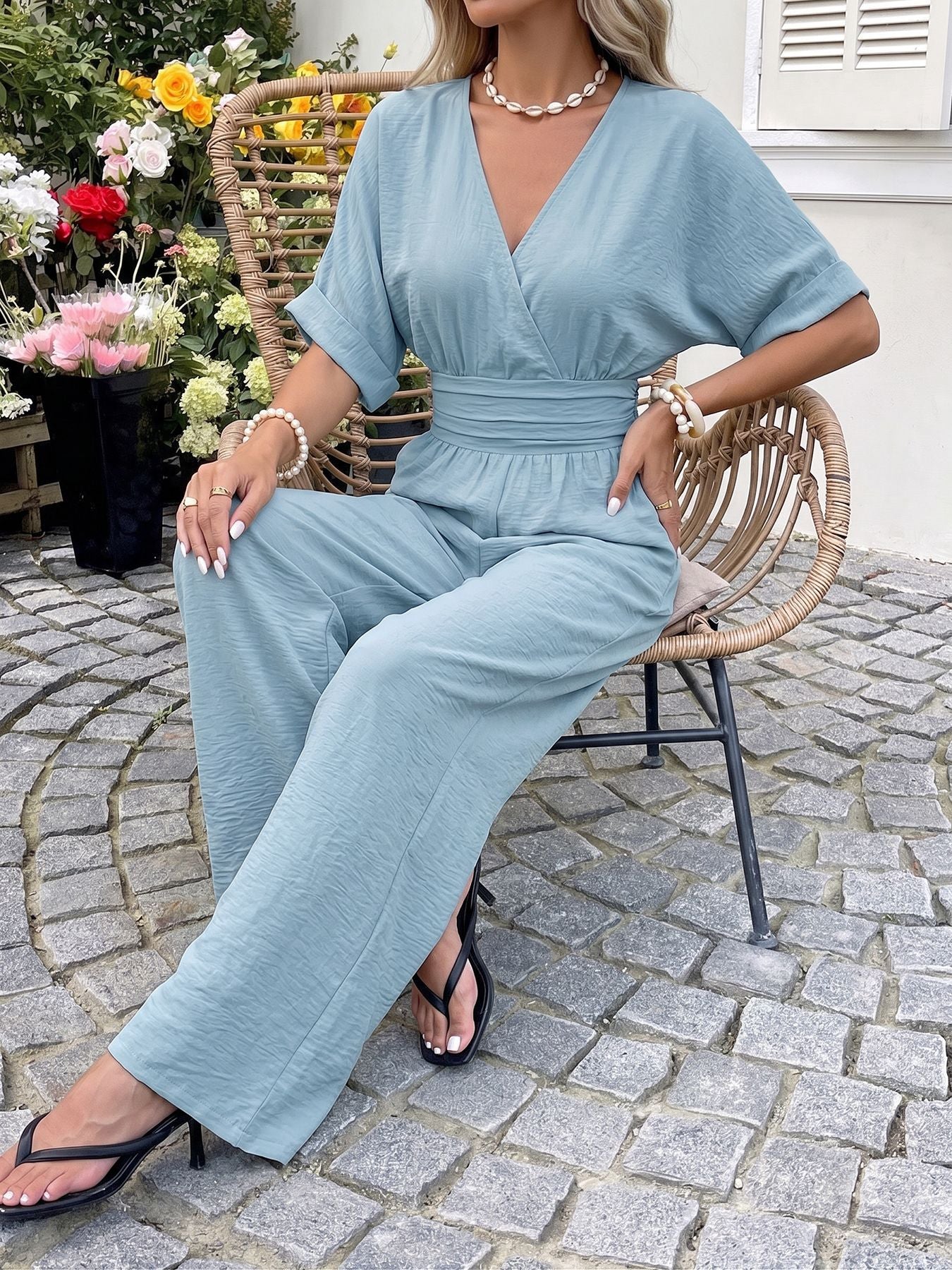 Women's V-Neck Wide Leg Casual Summer Jumpsuit