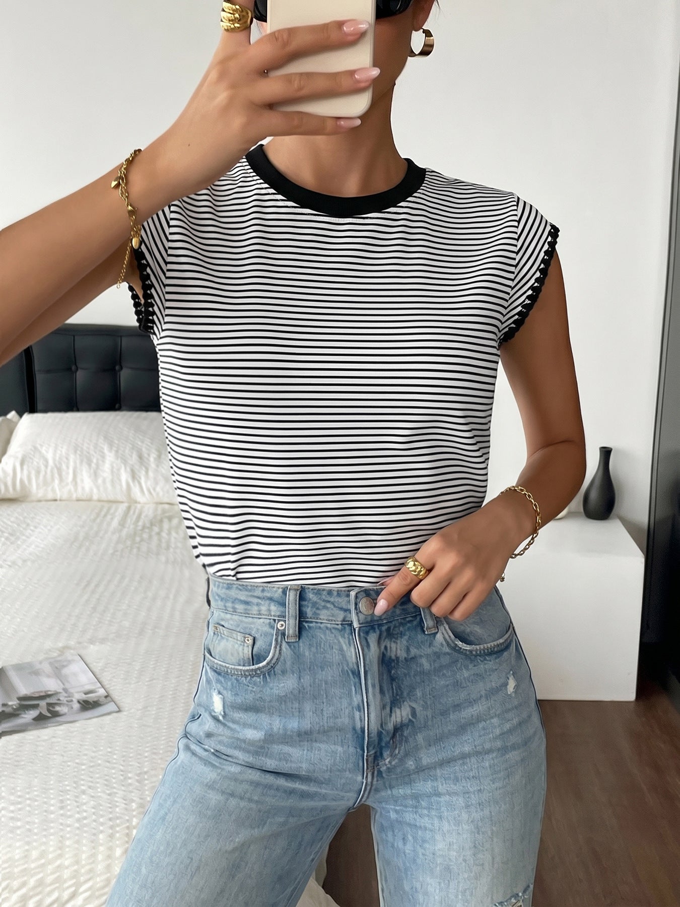 Striped Cap Sleeve Ribbed Knit T-Shirt