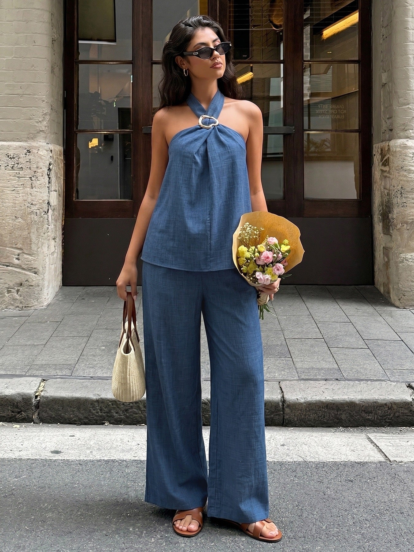 Halter O-Ring Top & Wide-Leg Pants Set