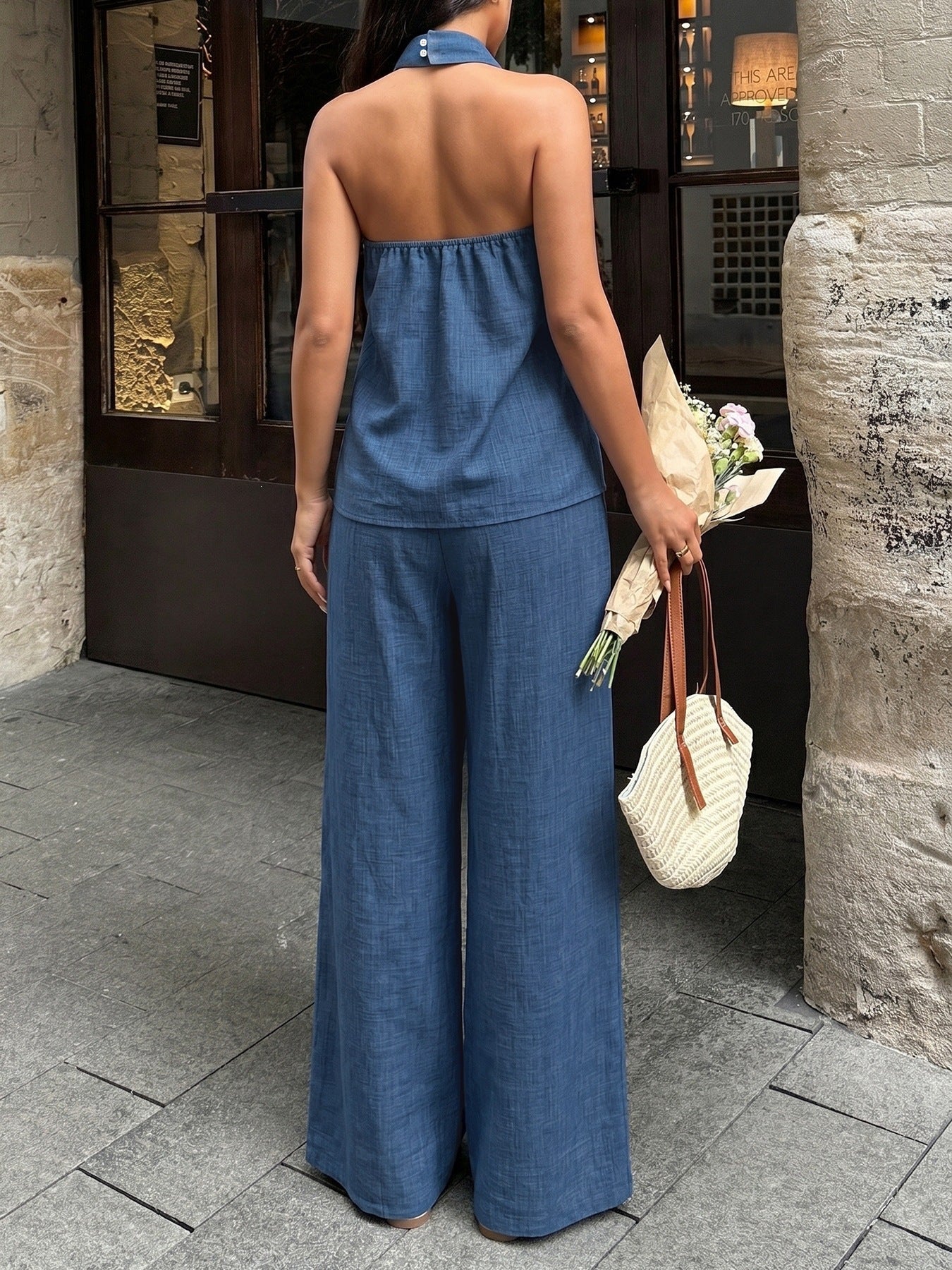 Halter O-Ring Top & Wide-Leg Pants Set