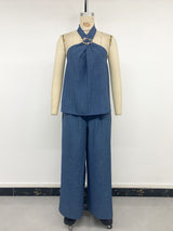 Halter O-Ring Top & Wide-Leg Pants Set