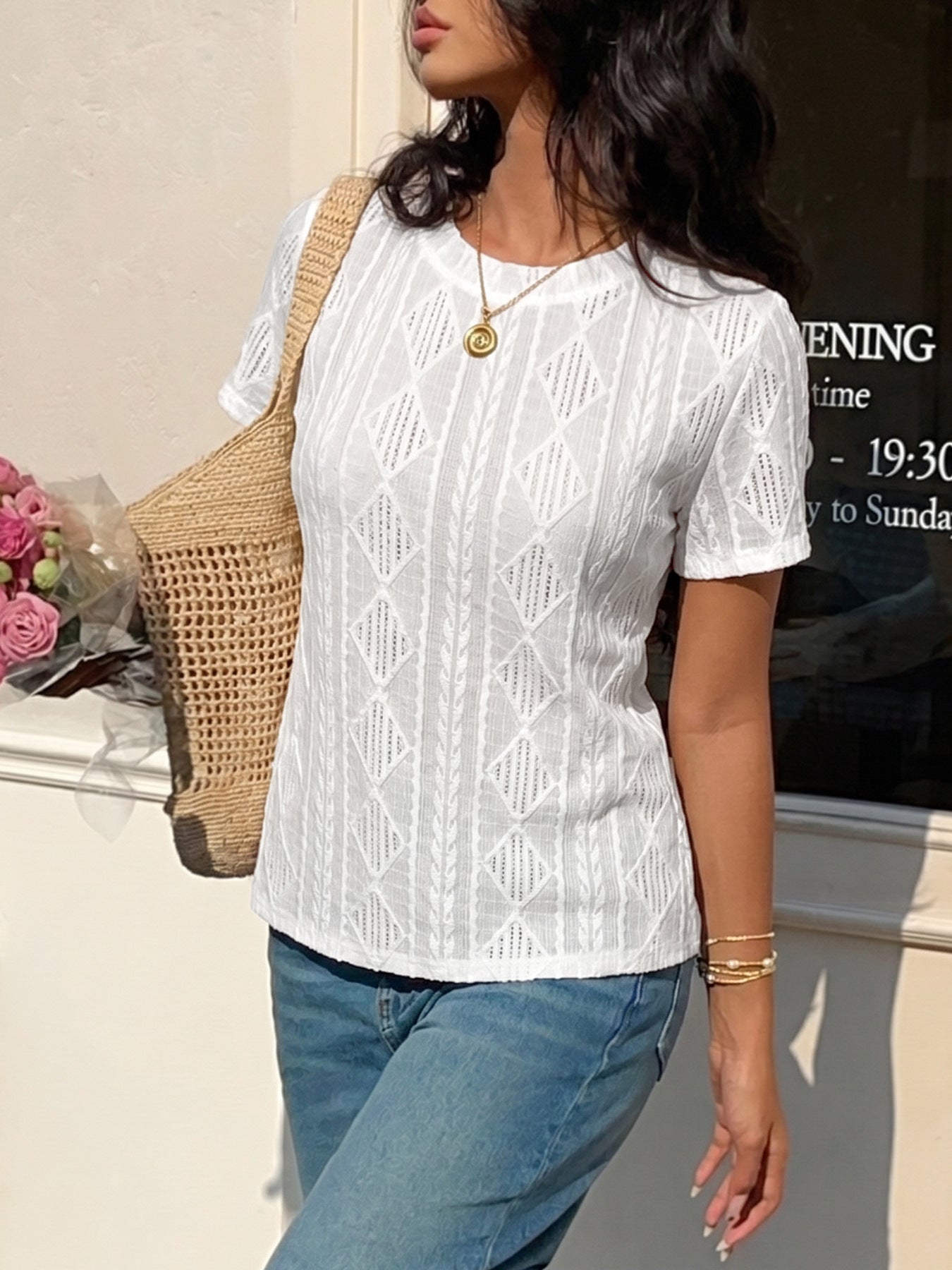 Pointelle Knit Short Sleeve Tee