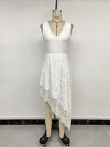 White Floral Lace Asymmetric Surplice Dress
