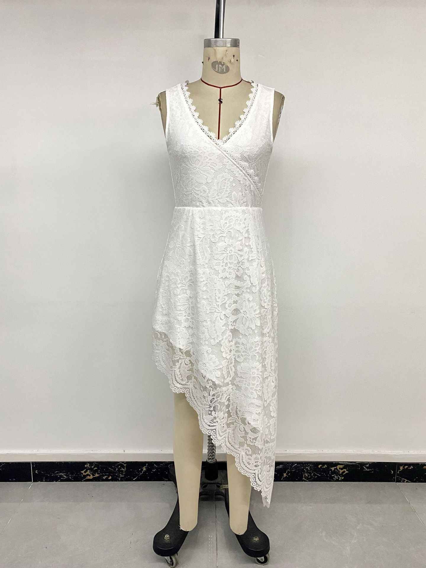 White Floral Lace Asymmetric Surplice Dress