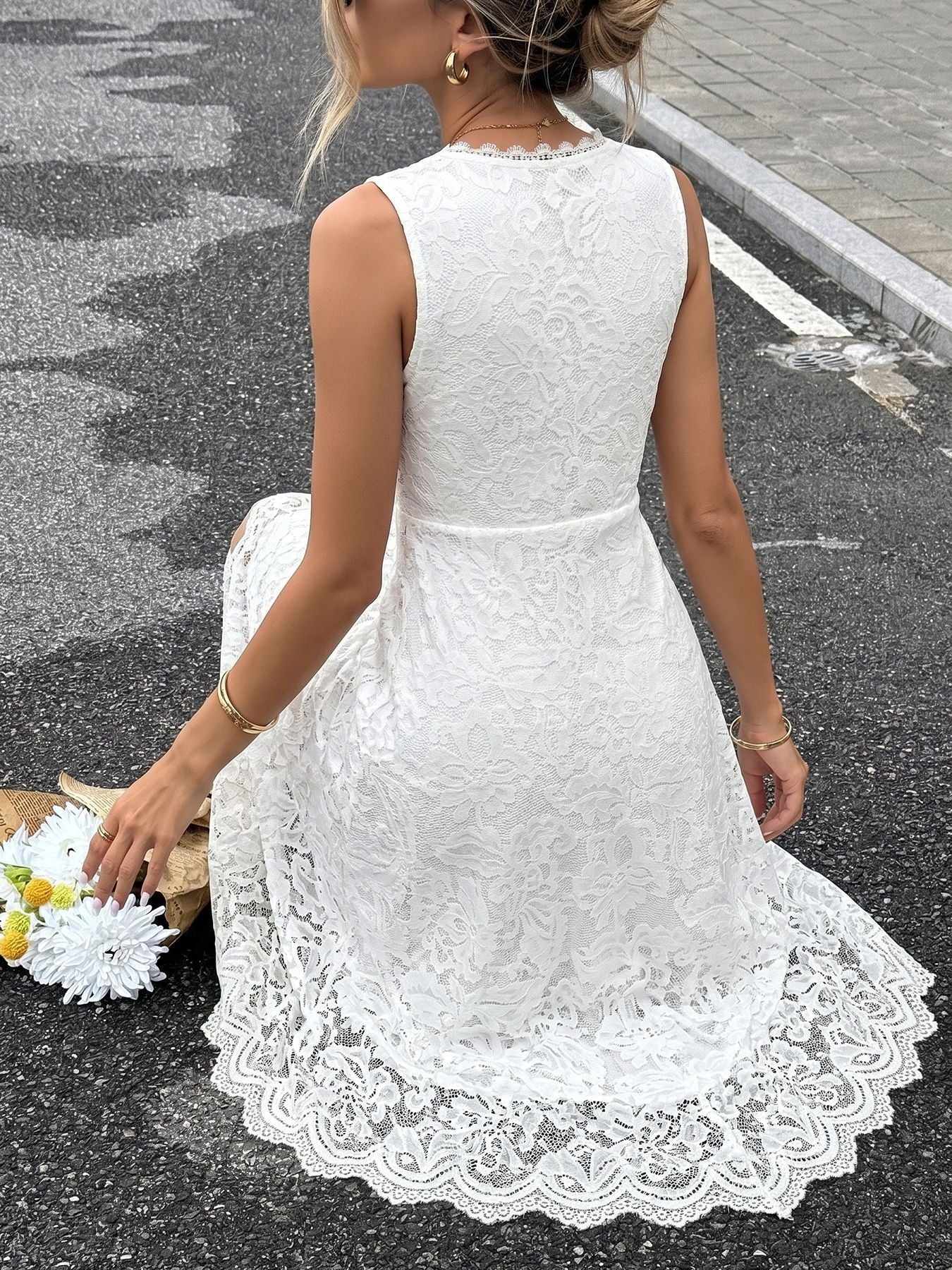 White Floral Lace Asymmetric Surplice Dress