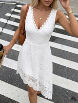 White Floral Lace Asymmetric Surplice Dress