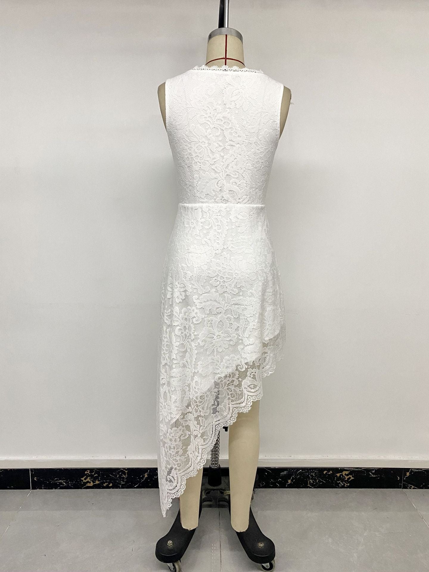 White Floral Lace Asymmetric Surplice Dress