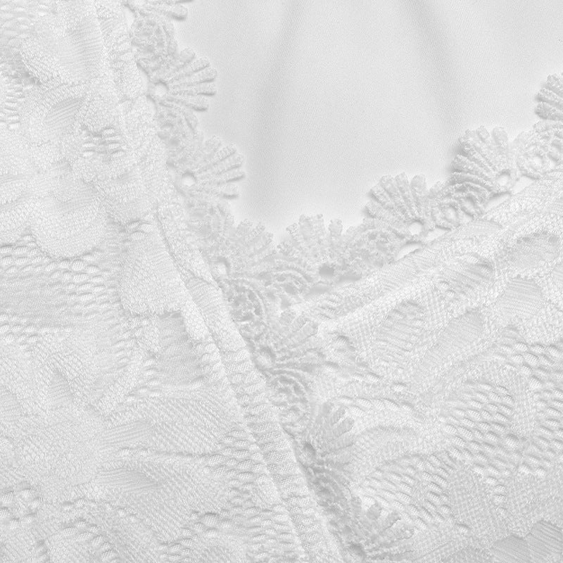 White Floral Lace Asymmetric Surplice Dress