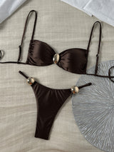 Light Blue Metallic Shimmer Bikini Set Gold Trim