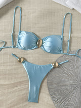 Light Blue Metallic Shimmer Bikini Set Gold Trim