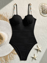 Black Textured Underwire Beaded Strap One-Piece