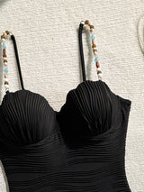 Black Textured Underwire Beaded Strap One-Piece