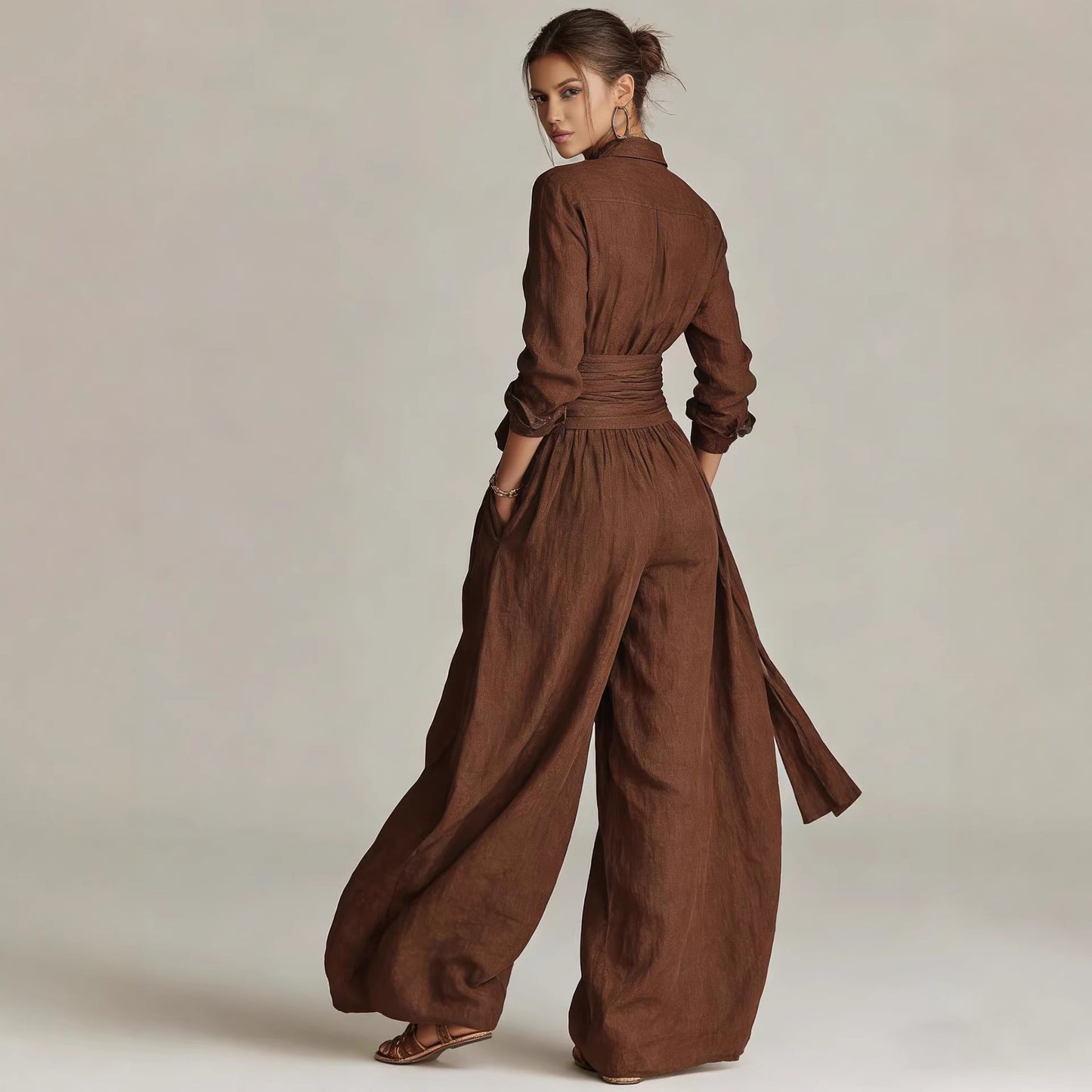 Women's Belted Wide Leg Linen Blend Jumpsuit