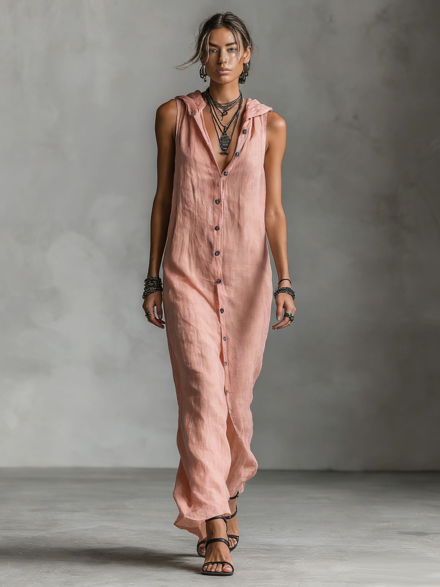 Women's Sleeveless Button Front Maxi Shirt Dress