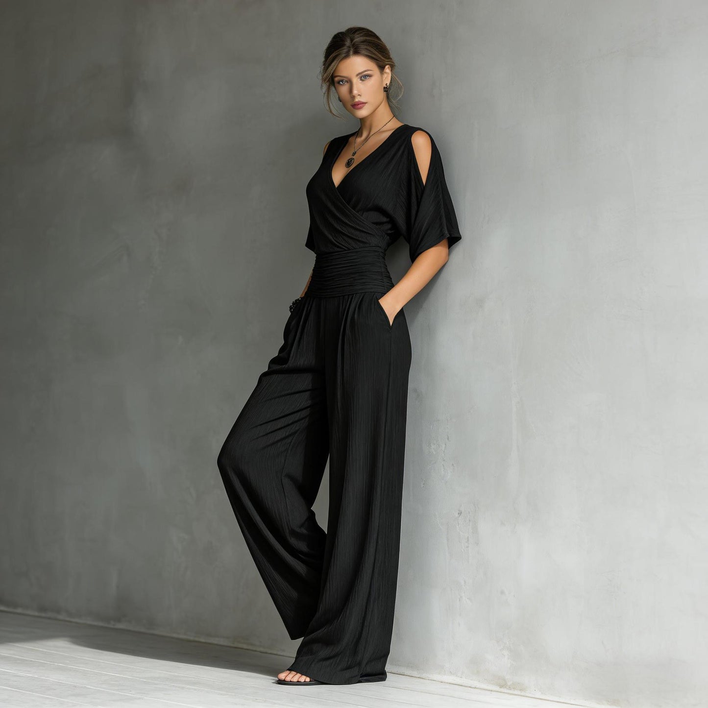 Women's Ruched Waist Wide Leg Elegant Jumpsuit