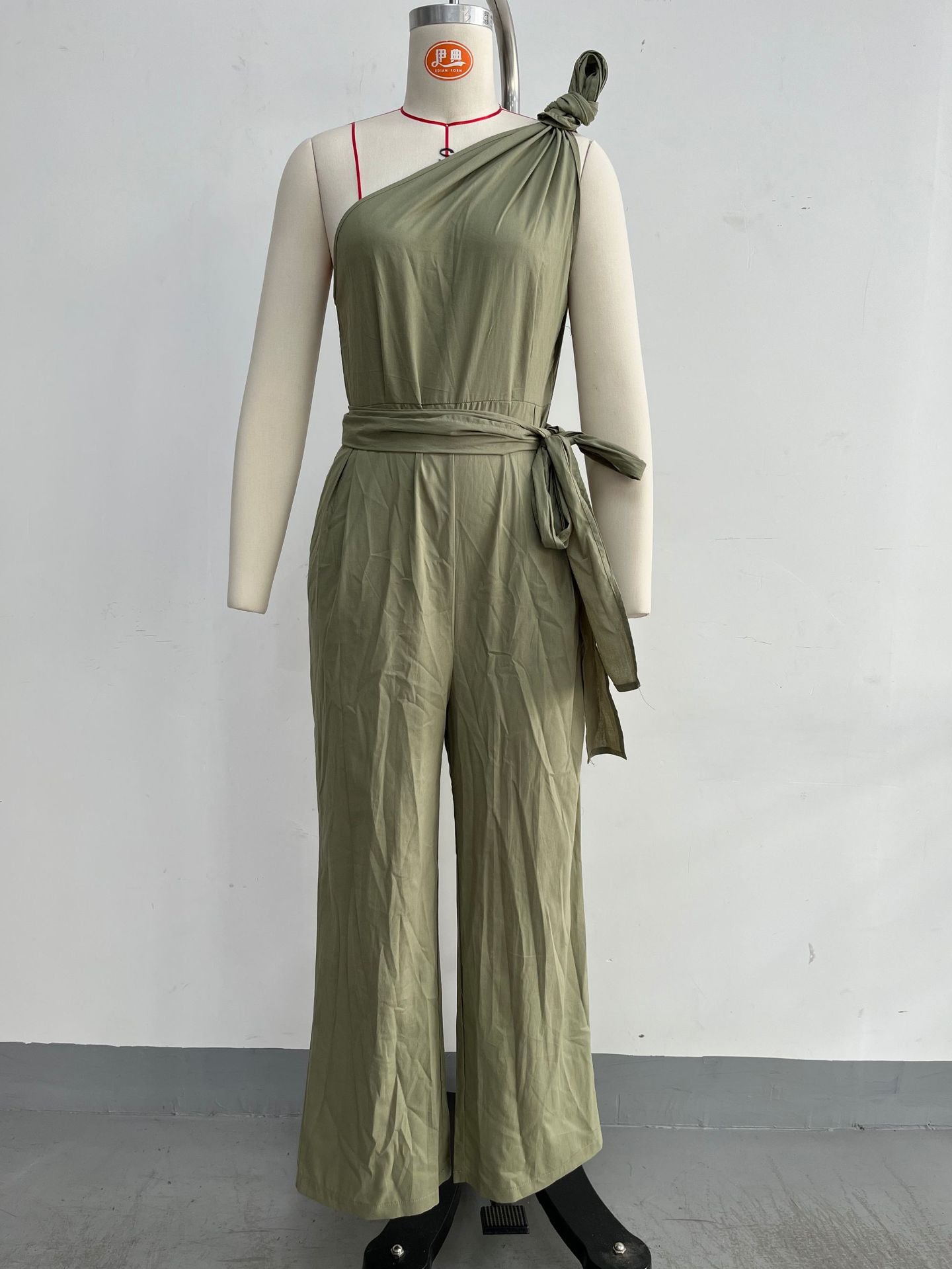 Women's One Shoulder Wide Leg Tie Waist Jumpsuit
