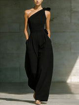 Women's One Shoulder Wide Leg Tie Waist Jumpsuit