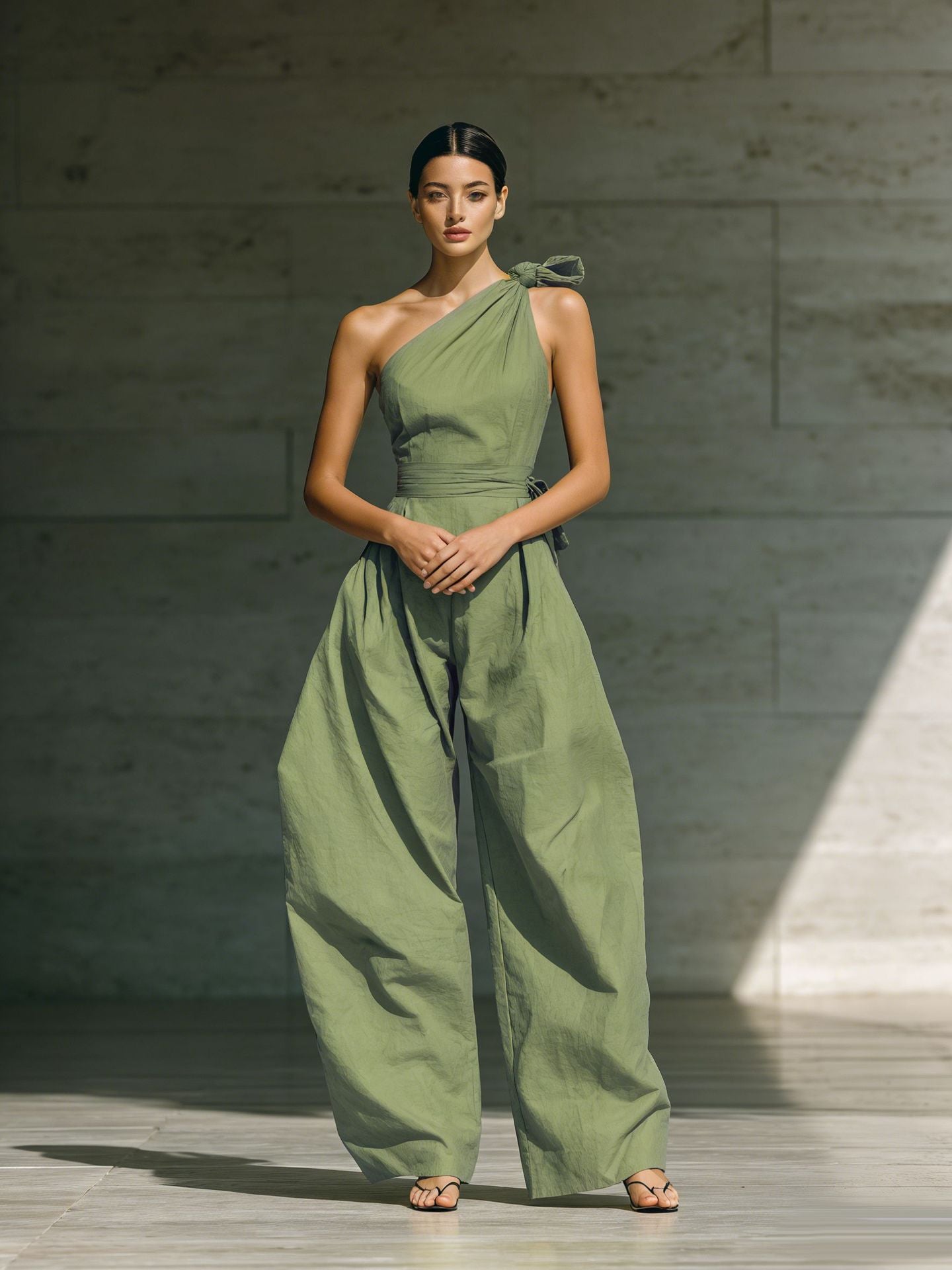 Women's One Shoulder Wide Leg Tie Waist Jumpsuit