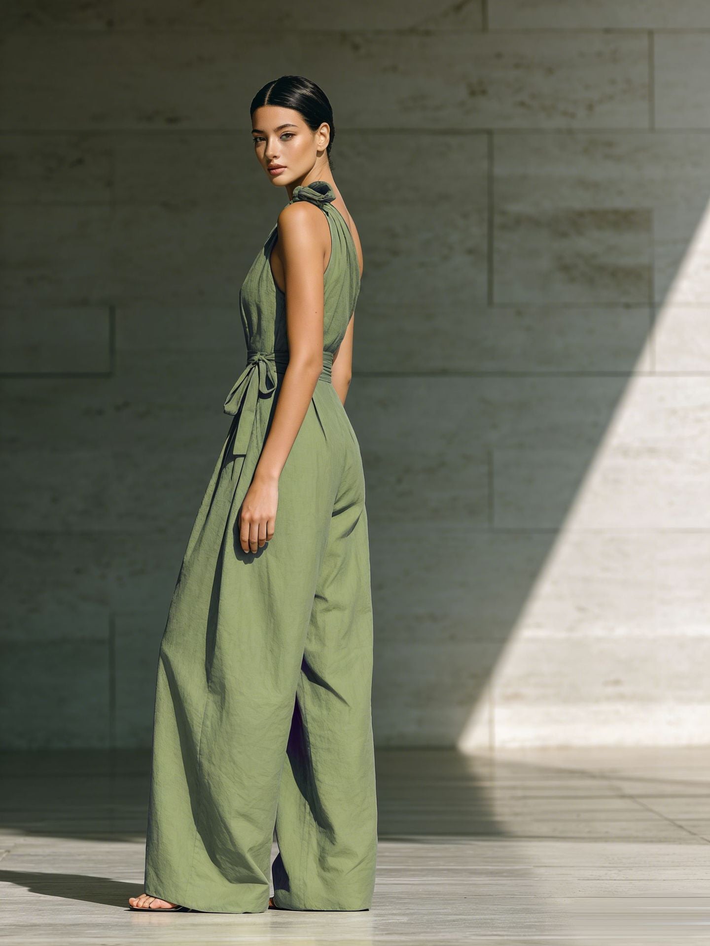 Women's One Shoulder Wide Leg Tie Waist Jumpsuit