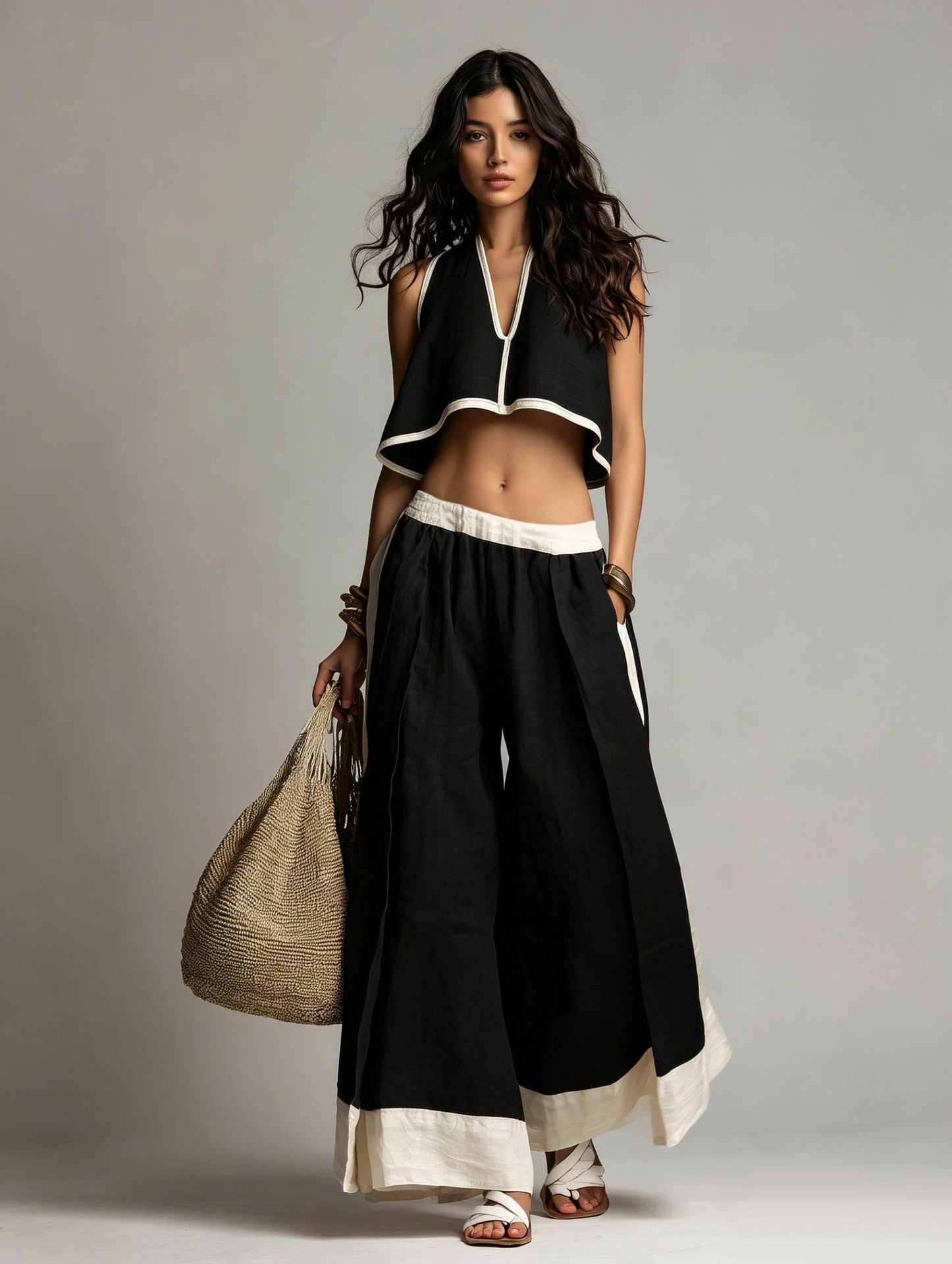 Women's Halter Crop Top Wide Leg Pant Set