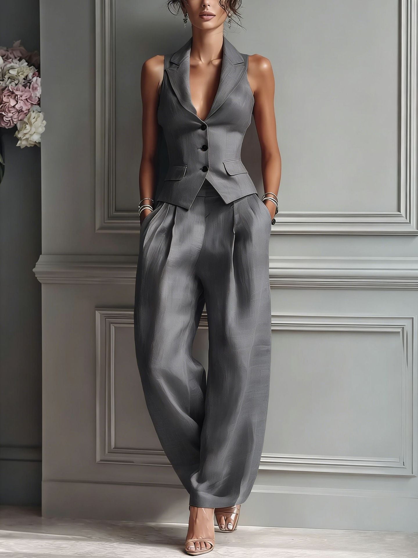 Women's Tailored Vest & Wide Leg Pant Suit Set