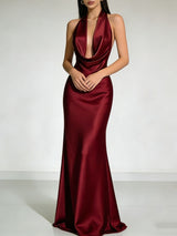 Women's Satin Halter Neck Evening Maxi Dress