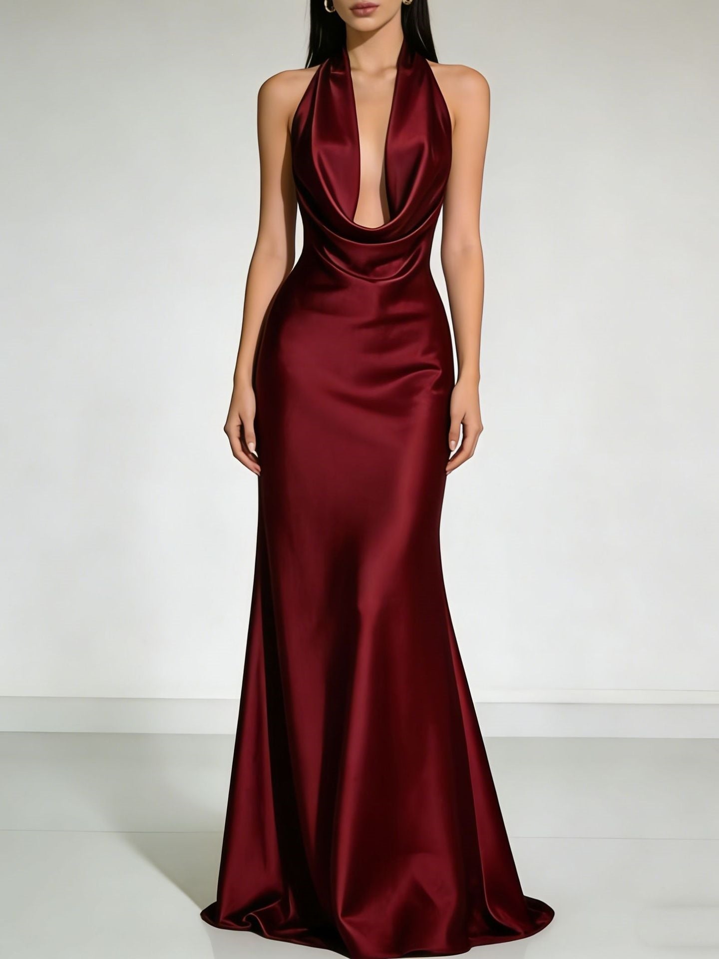 Women's Satin Halter Neck Evening Maxi Dress