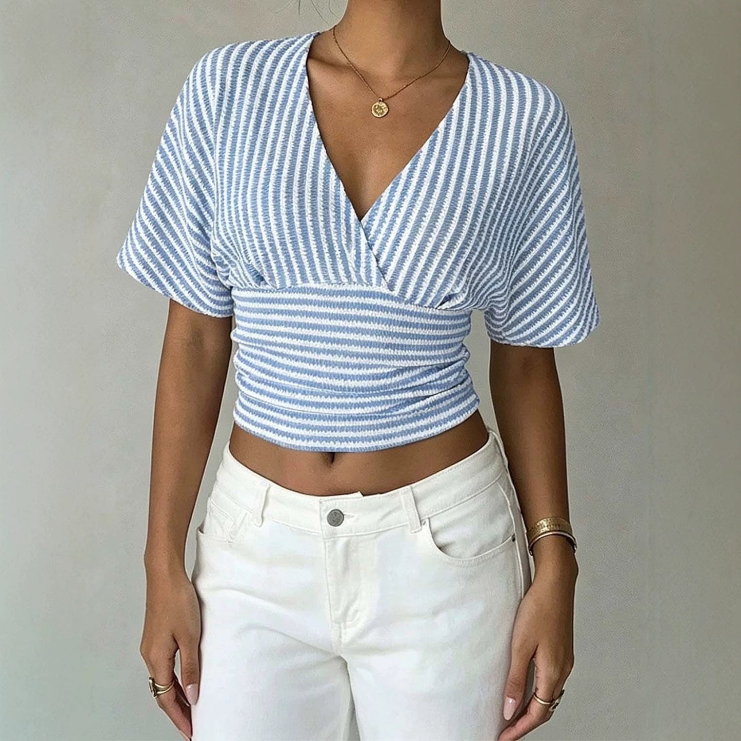 Women's Striped Wrap V-Neck Smocked Crop Top
