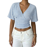 Women's Striped Wrap V-Neck Smocked Crop Top