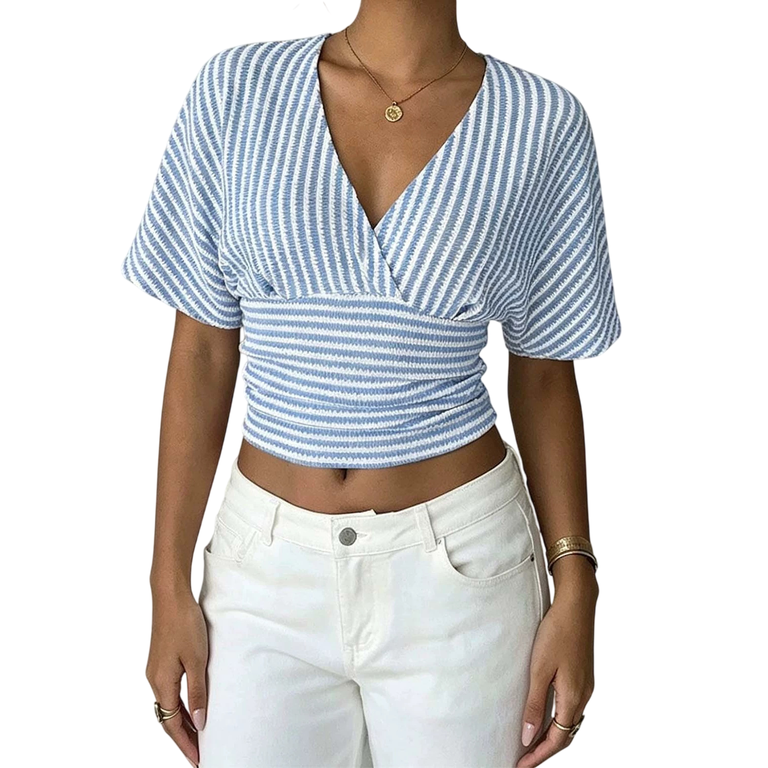 Women's Striped Wrap V-Neck Smocked Crop Top