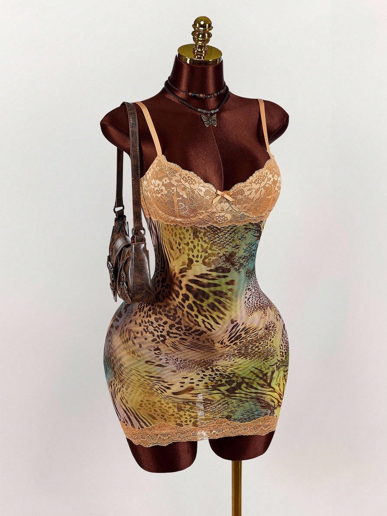 Women's Leopard Print Lace Trim Bodycon Mini Dress