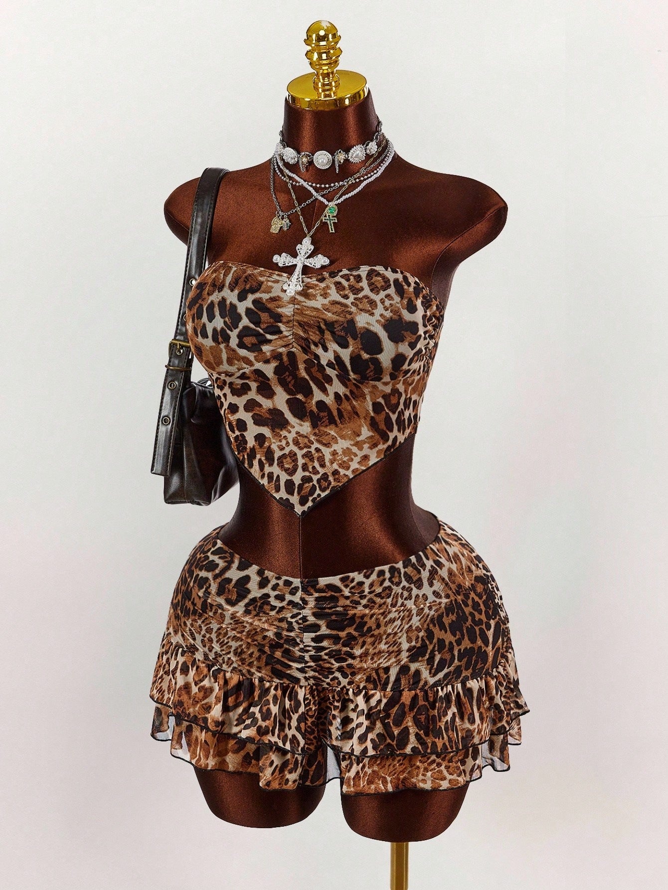 Women's Leopard Print Strapless Crop Top &  Skirt