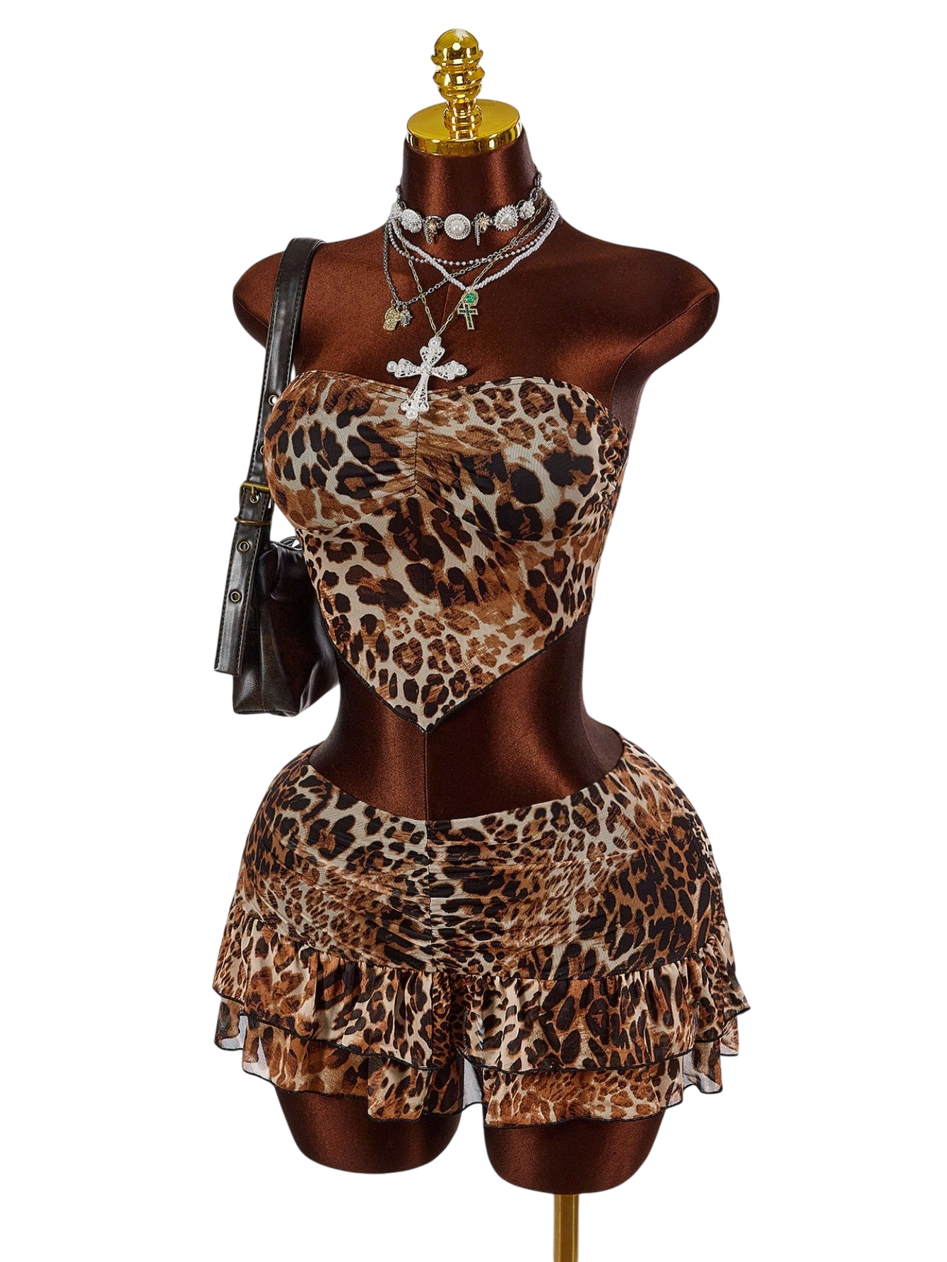 Women's Leopard Print Strapless Crop Top &  Skirt