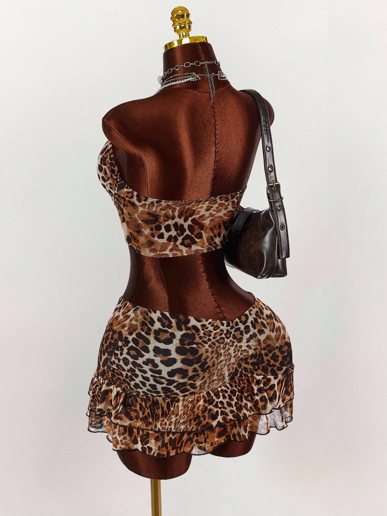 Women's Leopard Print Strapless Crop Top &  Skirt