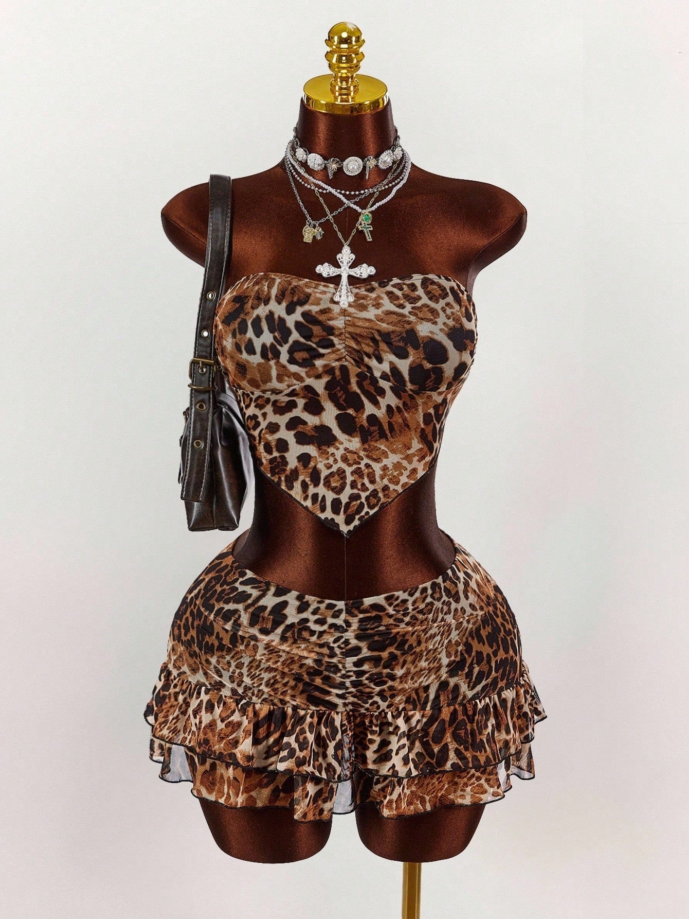 Women's Leopard Print Strapless Crop Top &  Skirt