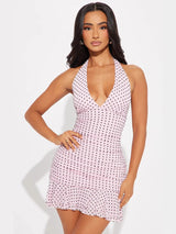 Women's Polka Dot Halter Bodycon Ruffle Mini Dress
