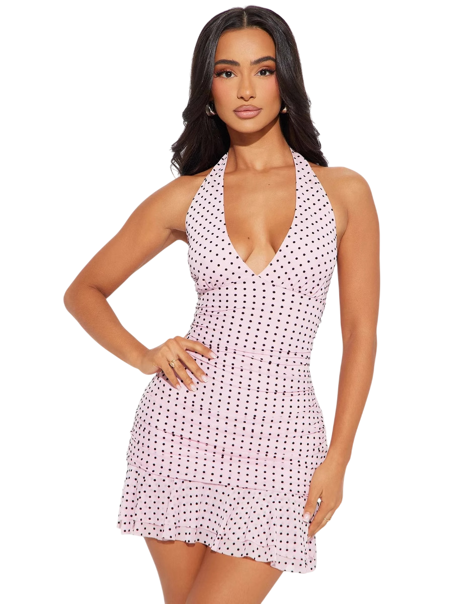 Women's Polka Dot Halter Bodycon Ruffle Mini Dress