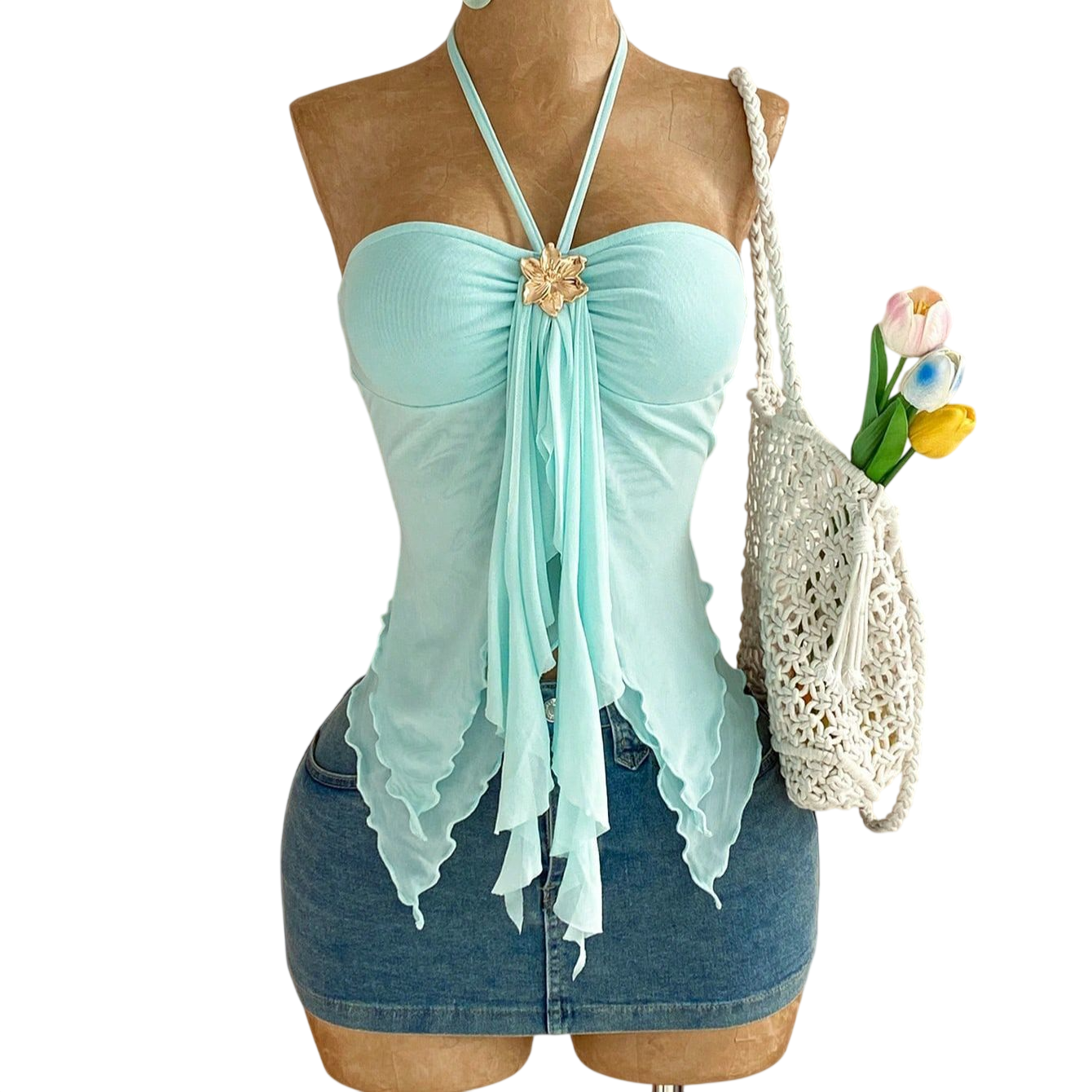 Women's Halter Handkerchief Mesh Y2K Crop Top