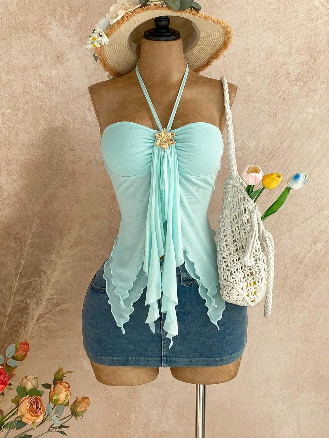 Women's Halter Handkerchief Mesh Y2K Crop Top