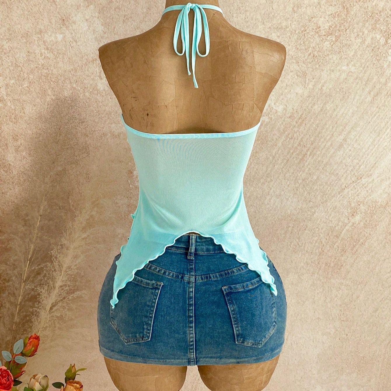 Women's Halter Handkerchief Mesh Y2K Crop Top