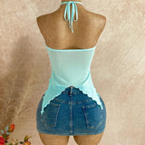 Women's Halter Handkerchief Mesh Y2K Crop Top