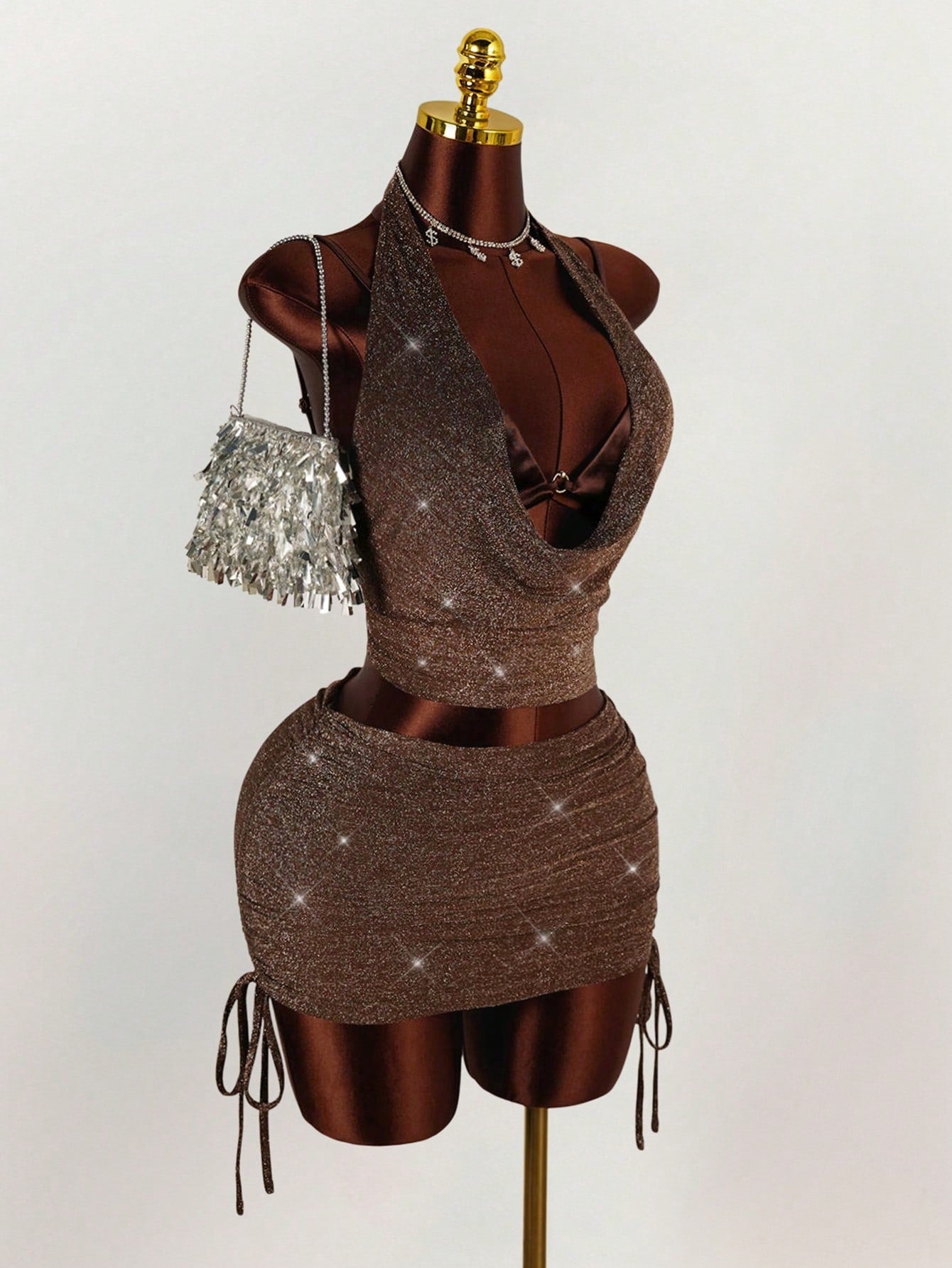 Women's Halter Cowl Neck Crop Top &Skirt Set