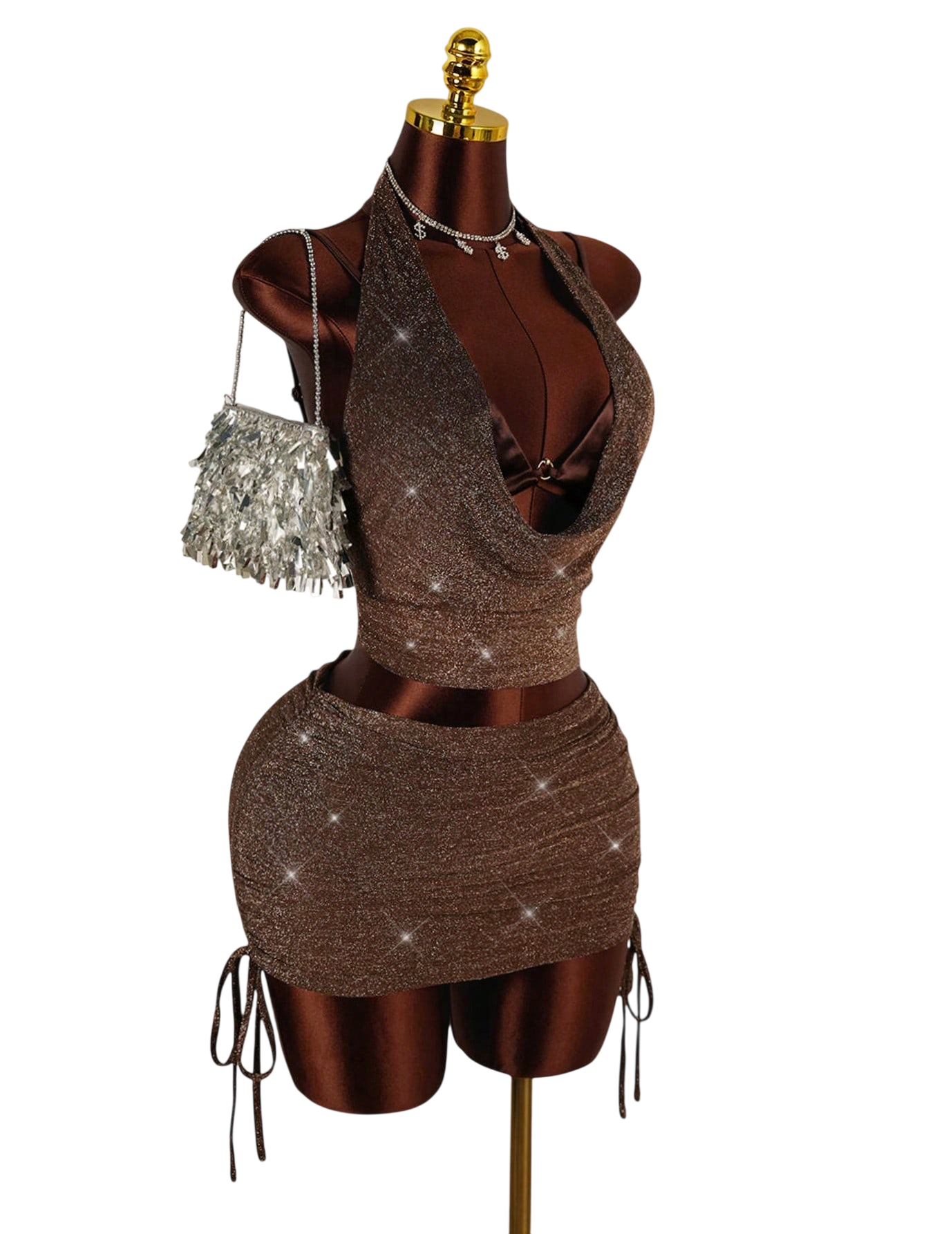 Women's Halter Cowl Neck Crop Top &Skirt Set