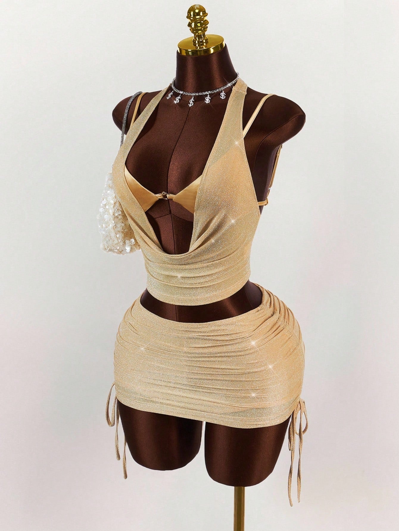 Women's Halter Cowl Neck Crop Top &Skirt Set