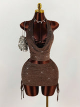 Women's Halter Cowl Neck Crop Top &Skirt Set