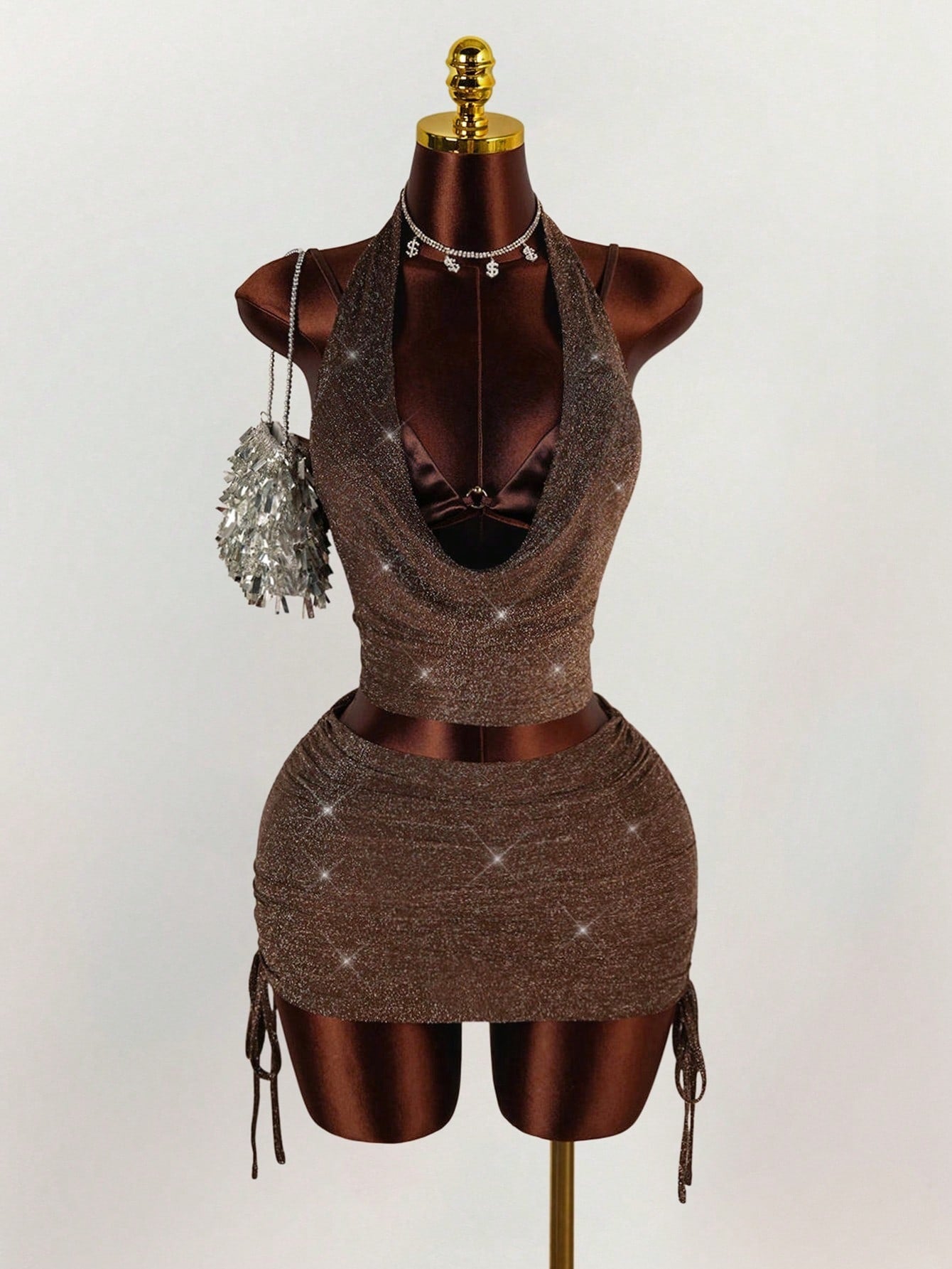 Women's Halter Cowl Neck Crop Top &Skirt Set