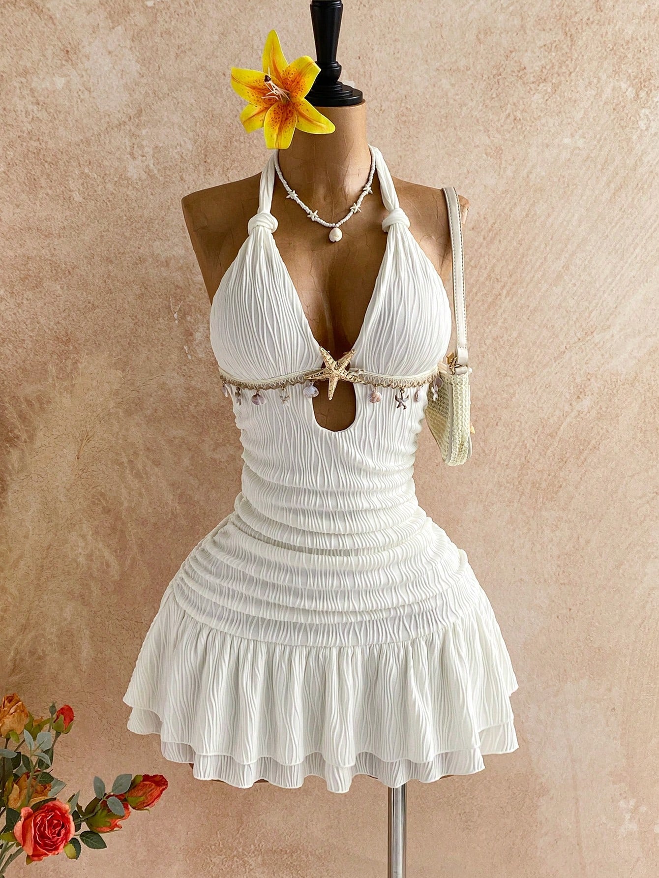 Women's Coastal Chic Halter Neck Ruched Mini Dress