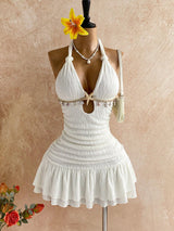 Women's Coastal Chic Halter Neck Ruched Mini Dress